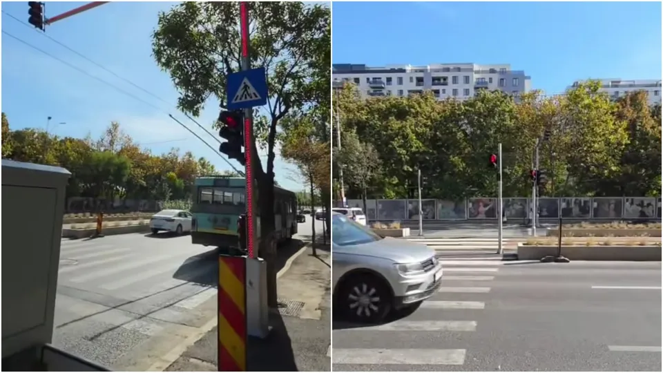 Două imagini prezintă un semafor pentru pietoni cu lumină roșie, un trotuar, un autobuz, un automobil alb și un bloc de locuințe în fundal.