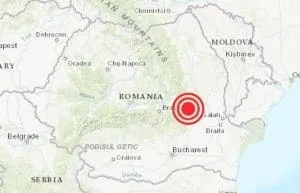 O hartă a României și a țărilor vecine prezintă un cerc concentric roșu situat în partea de est a țării.