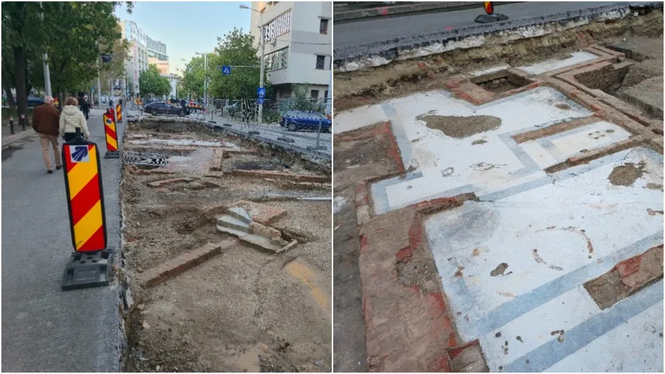 Imaginea arată o șantier de construcție pe o stradă cu lini de tramvai, cu fundații de beton și ziduri de cărămidă băgate în evidență, delimimită de parapeți de securitate cu bandă roșu-galbenă.
