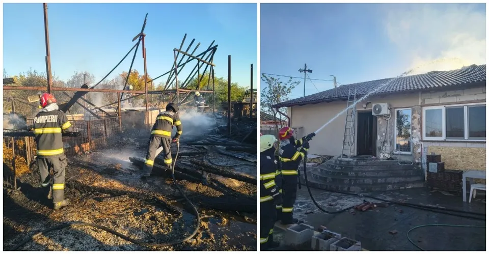 Două echipe de pompieri în uniforme galben-negre folosesc furtunuri de apă pentru a stinge focul la o structură metalică și la o casă.