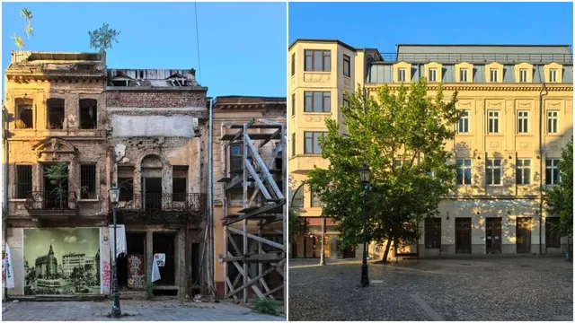 Două fotografii suprapuse prezintă o clădire veche în parțial ruină și o clădire galbenă cu ferestre mari lângă un copac verde.