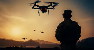 Silueta unui bărbat cu pălărie și rucsac privește patru drone care zboară pe cerul la apus.