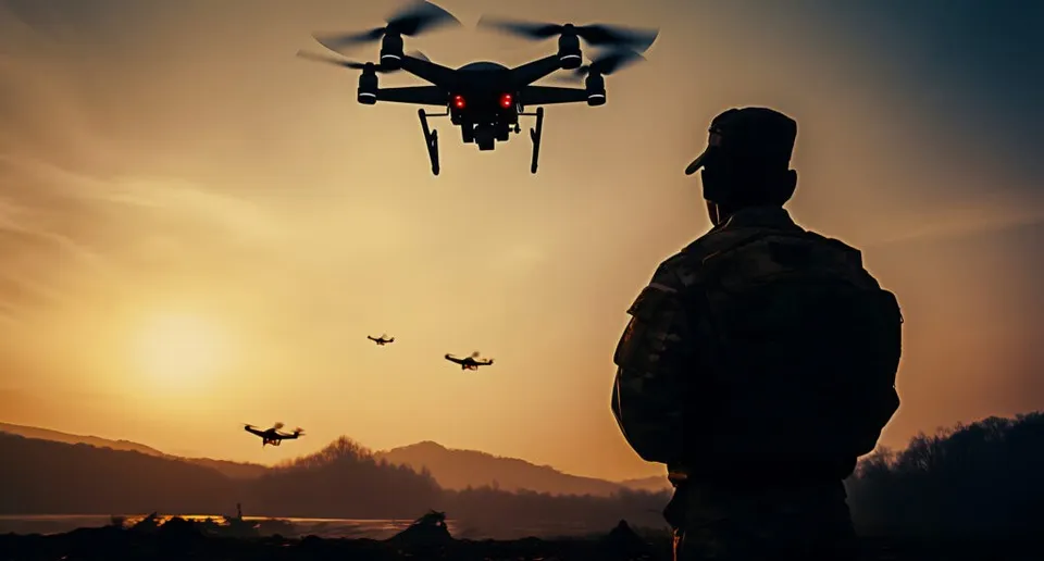 Silueta unui bărbat cu pălărie și rucsac privește patru drone care zboară pe cerul la apus.