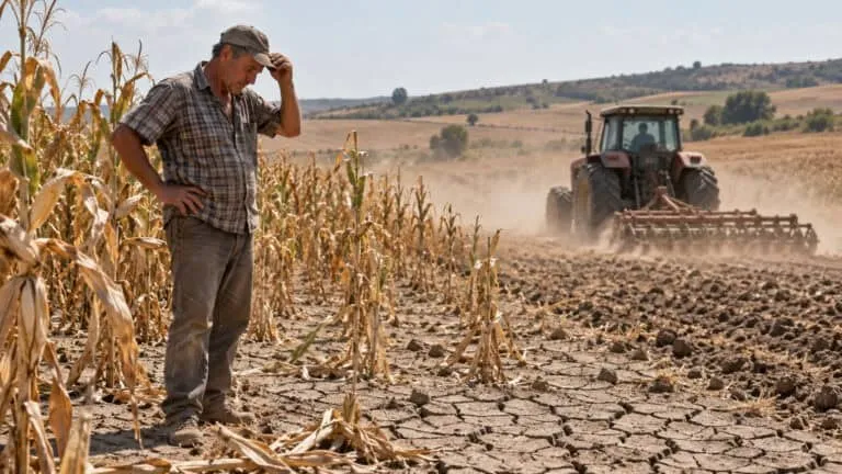 Un bărbat cu pălărie stă lângă plante de porumb uscate într-un câmp crăpat, în timp ce un tractor lucrează în fundal.