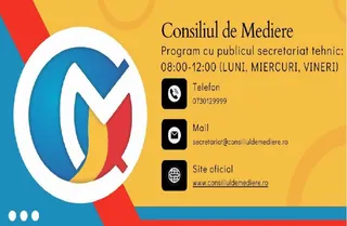 O afișare informativă cu logo-ul Consiliului de Mediere, programul de secretariat, datele de contact și adresa site-ului oficial pe un fundal galben și albastru.