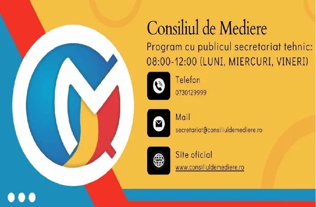 O afișare informativă cu logo-ul Consiliului de Mediere, programul de secretariat, datele de contact și adresa site-ului oficial pe un fundal galben și albastru.