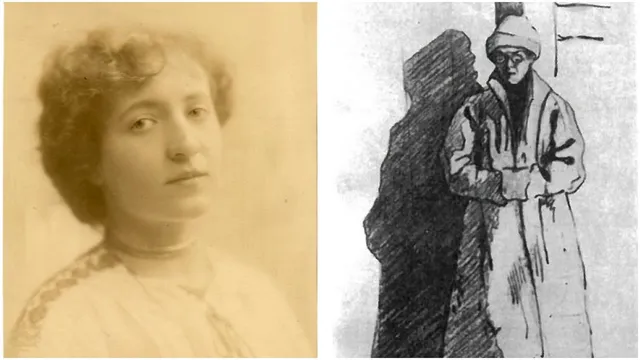 Imagine compusă dintr-un portret sepia al unei femei și o schiță în alb și negru reprezentând o figură umană îmbrăcată într-un palton lung.