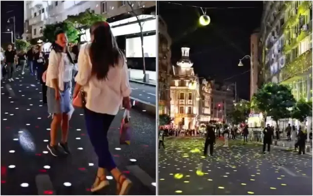 Două imagini compuse arată oameni pe un drum urban noaptea, cu puncte luminoase proiectate pe asfalt și clădiri iluminate în fundal.