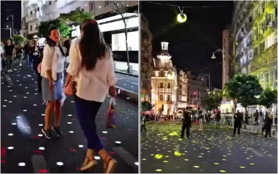 Două imagini compuse arată oameni pe un drum urban noaptea, cu puncte luminoase proiectate pe asfalt și clădiri iluminate în fundal.