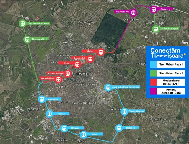 O hartă aeriană a unei zone urbane prezintă diverse linii colorate cu puncte marcate și text însoțind trasee de transport.