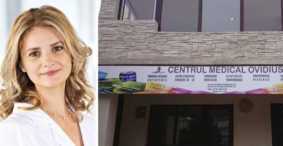 O femeie cu părul blond și o vestă albă este prezentată lângă o imagine cu fațada unei clădiri care afișează un panou informativ medical.