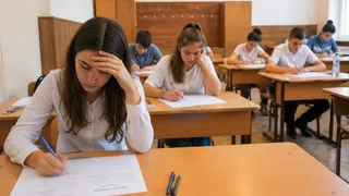 O elevă stă la un birou în scolină, având mâna pe frunte în timp ce scrie pe o foaie de hârtie, alături de alți elevi la mese.
