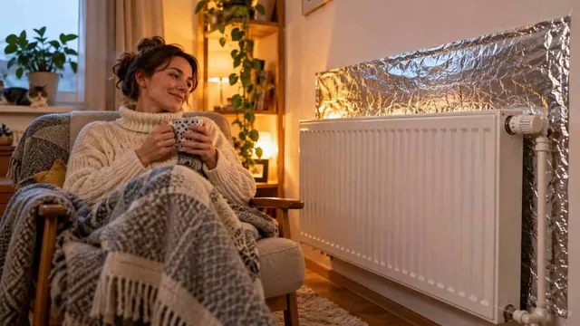 O femeie într-un pulover alb și o pătură cu modele stă într-un fotoliu ținând o cană lângă un calorifer cu folie de aluminiu pe perete.