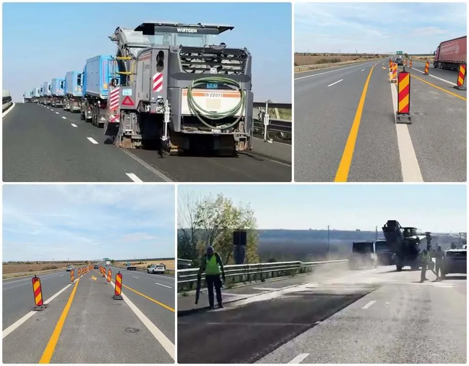 Un colaj de patru fotografii prezintă utilaje de construcții, mașini, conuri de trafic și o bandă galbenă pe o porțiune de drum asfaltat.