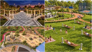 Imagine compusă prezentând randări digitale ale unui parc cu alei pavate, zone de relaxare cu hamacuri pe iarbă și un loc de joacă pentru copii.
