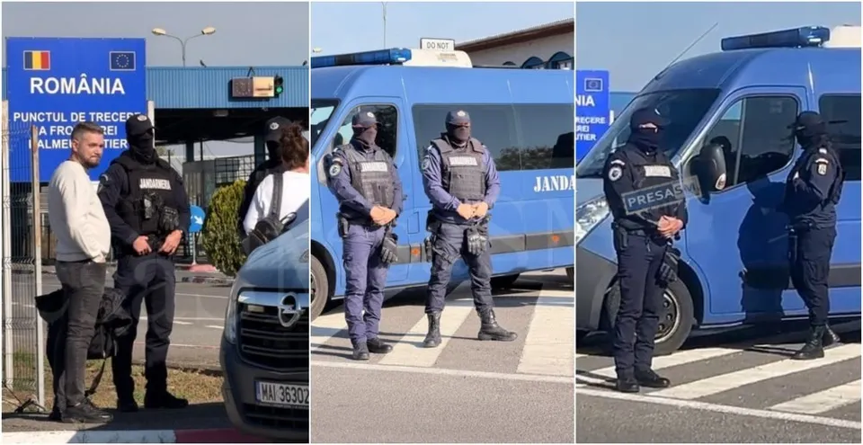Trei cadre separate prezintă polițiști în uniformă neagră și vestă tactică lângă un van albastru și o clădire de frontieră.