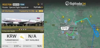 Captură de ecran de pe un site de monitorizare a zborurilor afișând o hartă cu rute de avioane și o fereastră cu detalii despre un zbor specific.