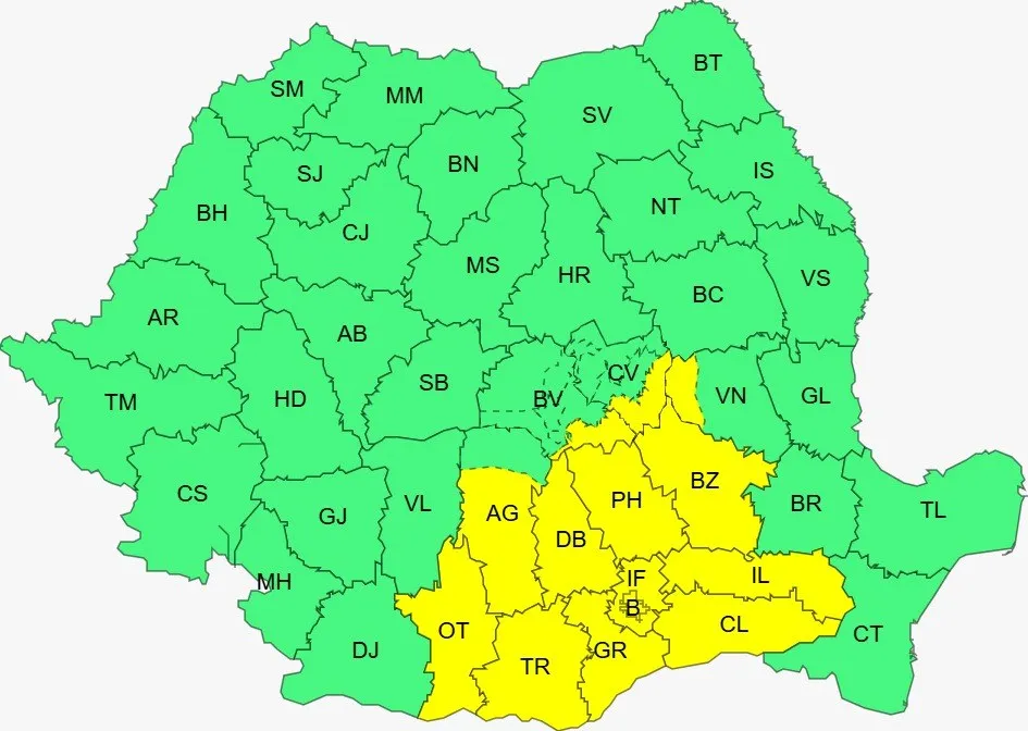 O hartă a unei țări împărțită în regiuni colorate în verde și galben, fiecare având abrevieri de litere negre.