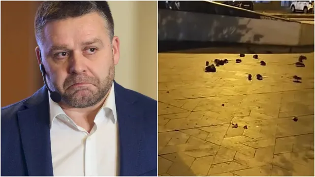 Imaginea din stânga arată un bărbat în costum cu o expresie îngrijorată, iar cea din dreapta prezintă mai multe obiecte mici, în formă de rozătoare, pe un pavaj iluminat artificial.