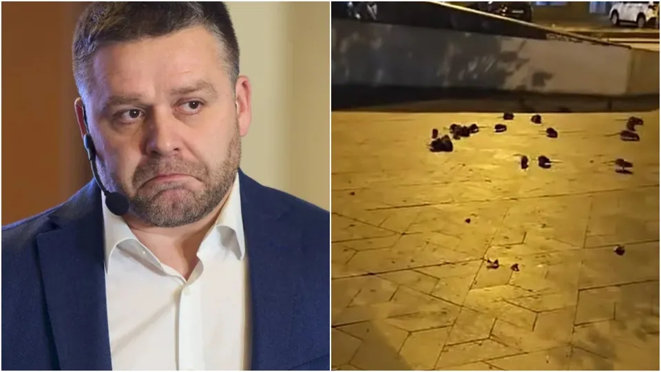 Imaginea din stânga arată un bărbat în costum cu o expresie îngrijorată, iar cea din dreapta prezintă mai multe obiecte mici, în formă de rozătoare, pe un pavaj iluminat artificial.