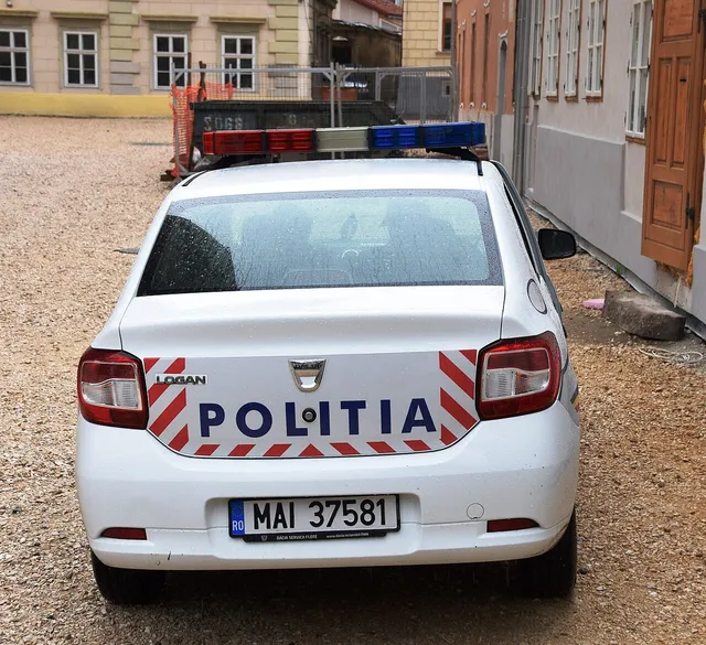Spatele unui autovehicul alb cu inscripția POLITIA și o bară de lumini colorate este orientat spre privitor pe un drum de pietriș lângă clădiri.