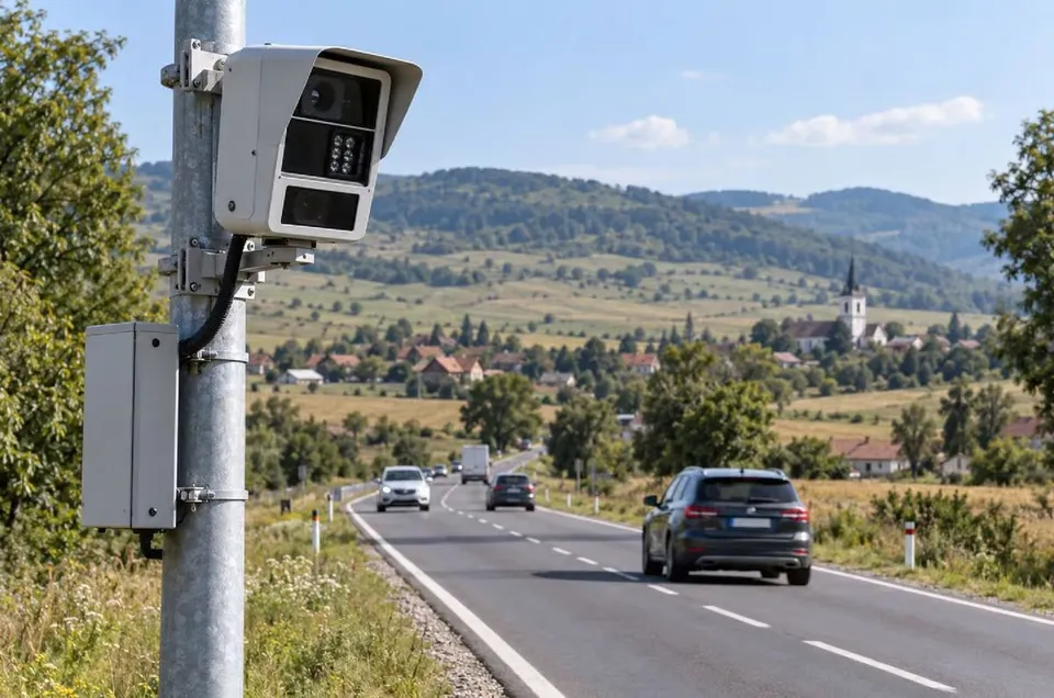 O cameră de supraveghere albă este montată pe un stâlp metalic lângă un drum asfaltat cu mașini în mișcare și dealuri în fundal.