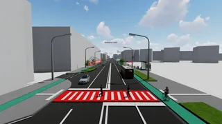 O reprezentare digitală a unui bulevard cu benzi de circulație, marcaje rutiere, un zebru, o pistă de biciclete verde și câteva vehicule și figuri umane.