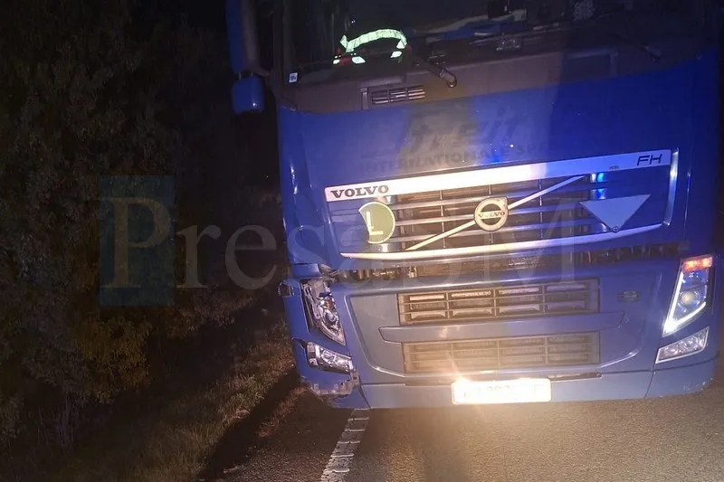 Un camion albastru de marcă Volvo este parcat pe marginea unui drum într-un cadru nocturn.