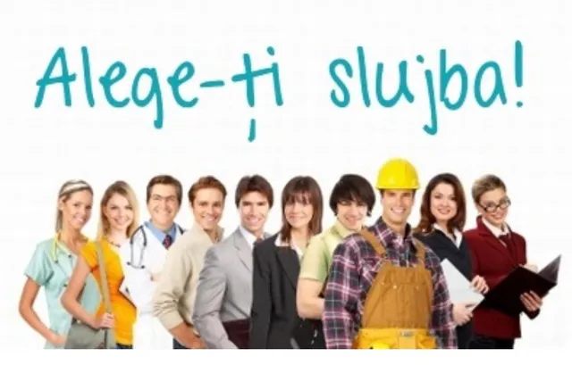 Un grup de zece persoane de sexuri diferite, îmbrăcate în diverse costume profesionale, stau în rând pe un fundal alb sub un text albastru.