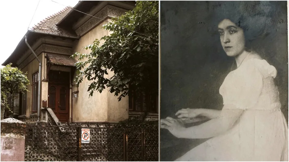 Imagine compusă formată dintr-o casă cu acoperiș înclinat și un portret al unei femei într-o rochie deschisă la culoare care pare să cânte la un instrument.