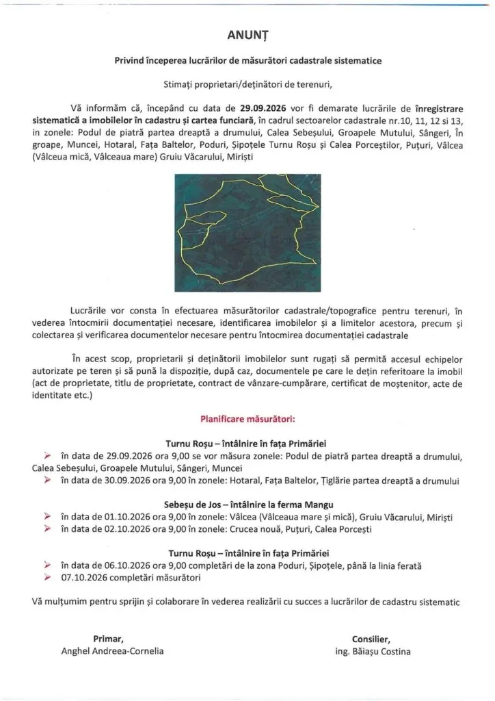 Un anunț tipărit pe hârtie albă conține text scris în limba română și o hartă mică cu contururi verzi pe fundal închis.