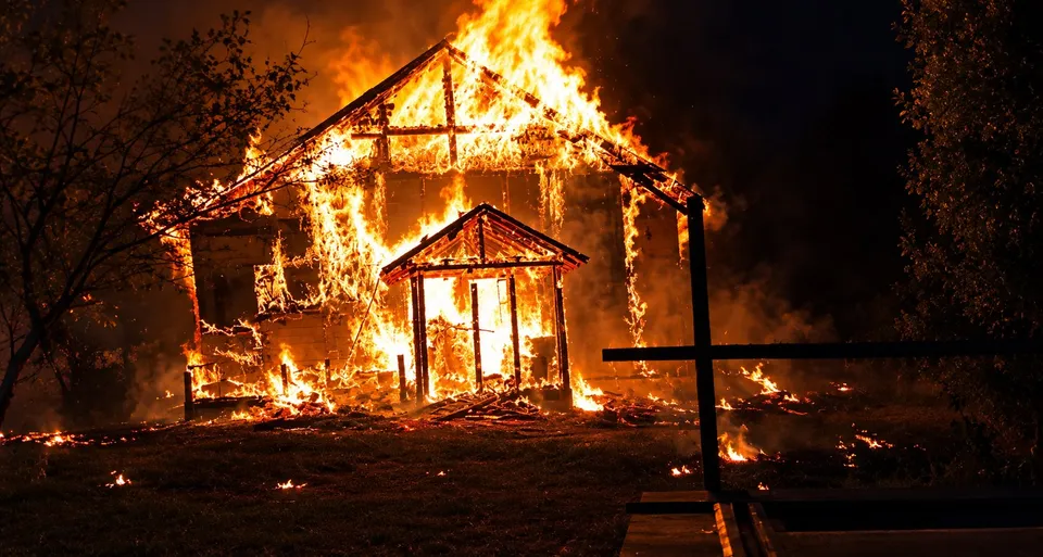 O casă de lemn este acoperită de flăcări mari în timpul nopții, cu foc împrăștiat pe solul din jurul clădirii.