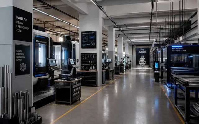 Un spațiu industrial dotat cu utilaje mari, mese de lucru negre și un culoar central cu podea lucioasă și linii galbene pe sol.
