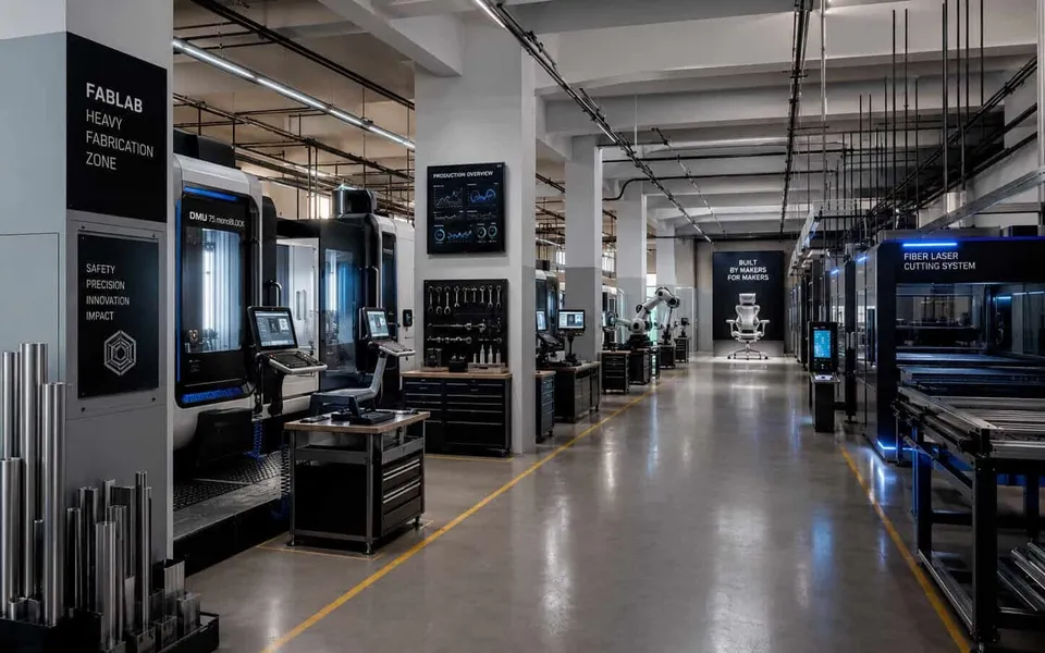 Un spațiu industrial dotat cu utilaje mari, mese de lucru negre și un culoar central cu podea lucioasă și linii galbene pe sol.