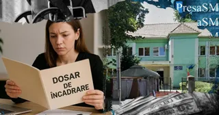 O femeie ține un dosar cu textul Dosar de încadrare, alături de o clădire instituțională și o grămadă de bani.