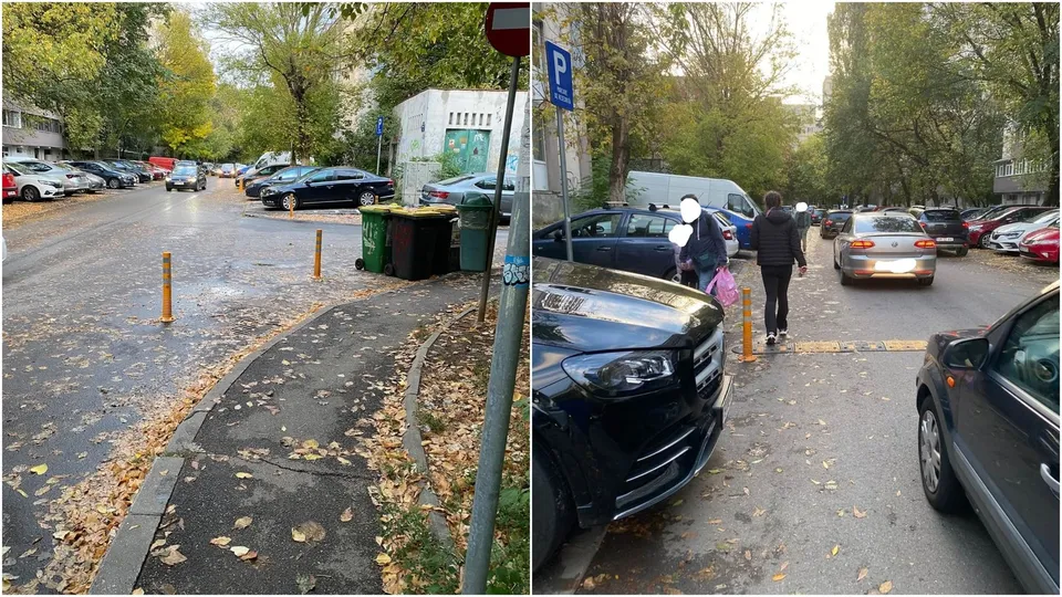 Două imagini arată o stradă cu mașini parcate, un trotuar cu frunze uscate și un pieton care merge pe carosabil.