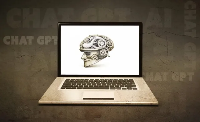 O imagine cu un laptop deschut afișând o ilustrație a unui creier uman cu piese mecanice de ceasuri și roți dințate, pe un fundal texturat cu textul CHAT GPT.