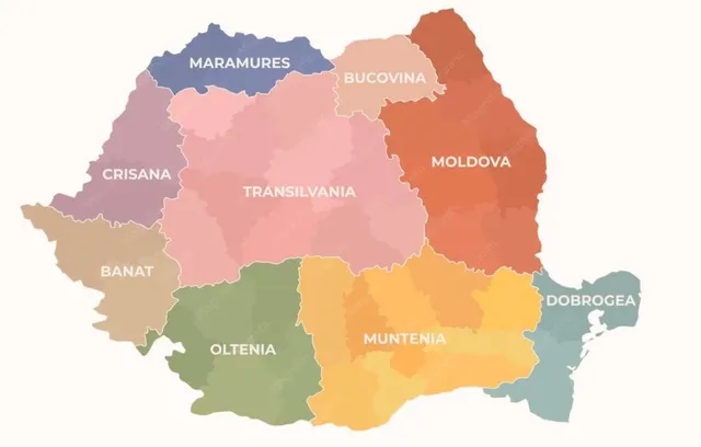 O hartă colorată a României este împărțită în regiuni denumite Maramures, Bucovina, Moldova, Transilvania, Crisana, Banat, Oltenia, Muntenia și Dobrogea.