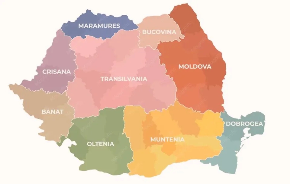 O hartă colorată a României este împărțită în regiuni denumite Maramures, Bucovina, Moldova, Transilvania, Crisana, Banat, Oltenia, Muntenia și Dobrogea.