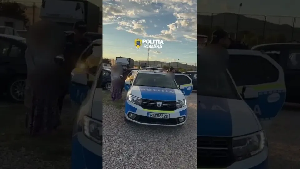 Un autoturism alb cu marcaje albastre de poliție este parcat pe un teren cu pietriș sub un cer înzăpezit de nori.