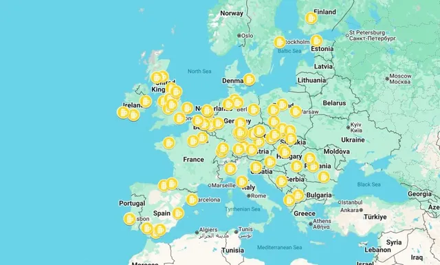 O hartă a Europei prezintă numeroase puncte galbene rotunde distribuite pe continent.