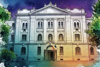 Ilustrație colorată cu fațada unei clădiri monumentale, cu arcuri, ferestre, steag și arbori laterali.