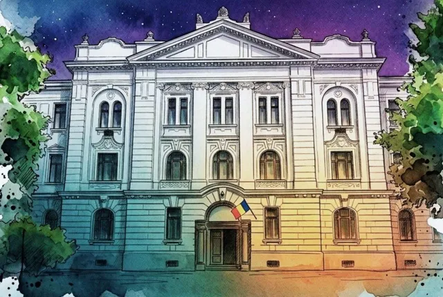 Ilustrație colorată cu fațada unei clădiri monumentale, cu arcuri, ferestre, steag și arbori laterali.