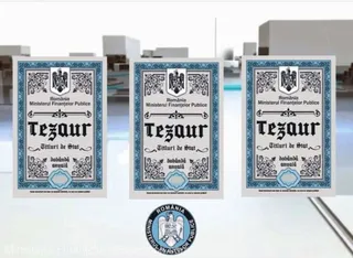 Trei documente dreptunghiulare cu margini ornamentale albastre și text negru sunt așezate pe o suprafață albă, având un sigiliu circular în partea de jos.