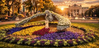 Un aranjament floral circular cu flori colorate dispuse în modele geometrice este situat pe un gazon în fața unei clădiri mari.