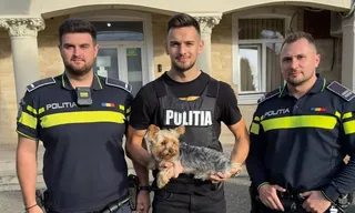 Trei bărbați în uniforme de poliție stau în picioare în fața unei clădiri, iar cel din mijloc ține un cățel mic în brațe.