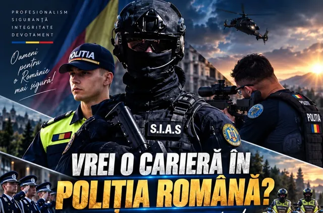 Un colaj de imagini prezintă polițiști în uniformă, un agent cu șapcă, un membru S.I.A.S. cu cască tactică și un elicopter pe fundalul unui apus.