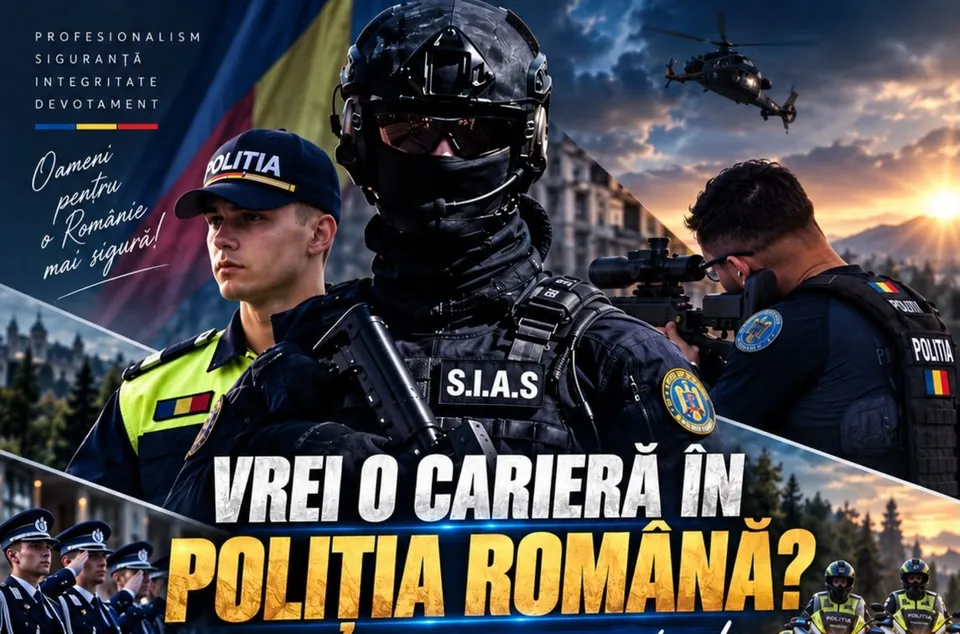 Un colaj de imagini prezintă polițiști în uniformă, un agent cu șapcă, un membru S.I.A.S. cu cască tactică și un elicopter pe fundalul unui apus.
