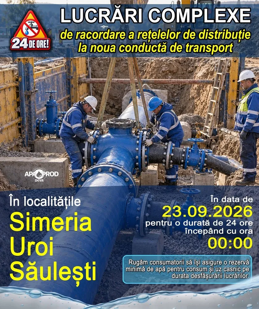 Trei muncitori cu cască și echipament de protecție lucrează la o conductă albastră mare într-o șantier de excavare cu o scară în fundal.