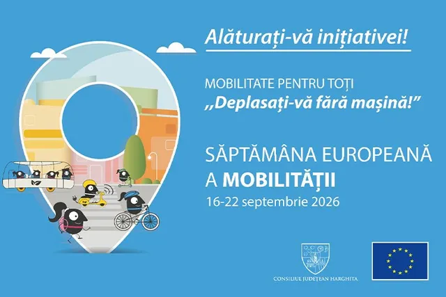 Un afiș albastru cu text alb și un simbol de locație stilizat, care include desene animate cu oameni care folosesc transportul public, scuterul și bicicleta.